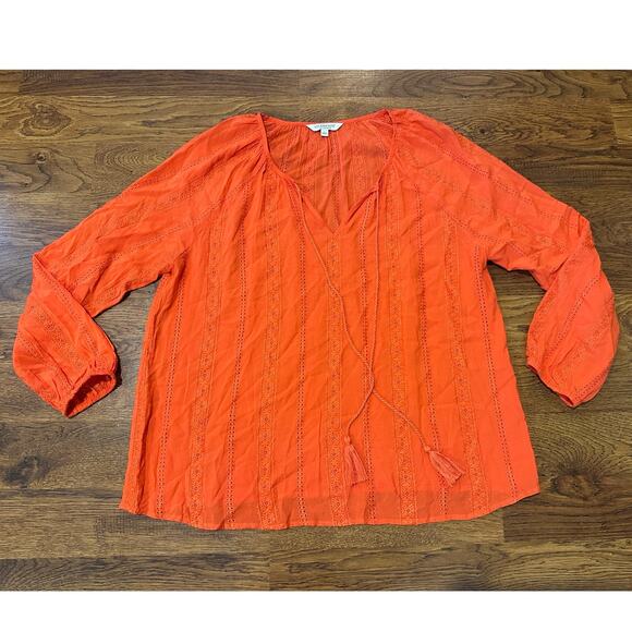 Liverpool Los Angeles Women's Boho Embroidered Shirred Blouse Coral Size Large - Picture 1 of 8